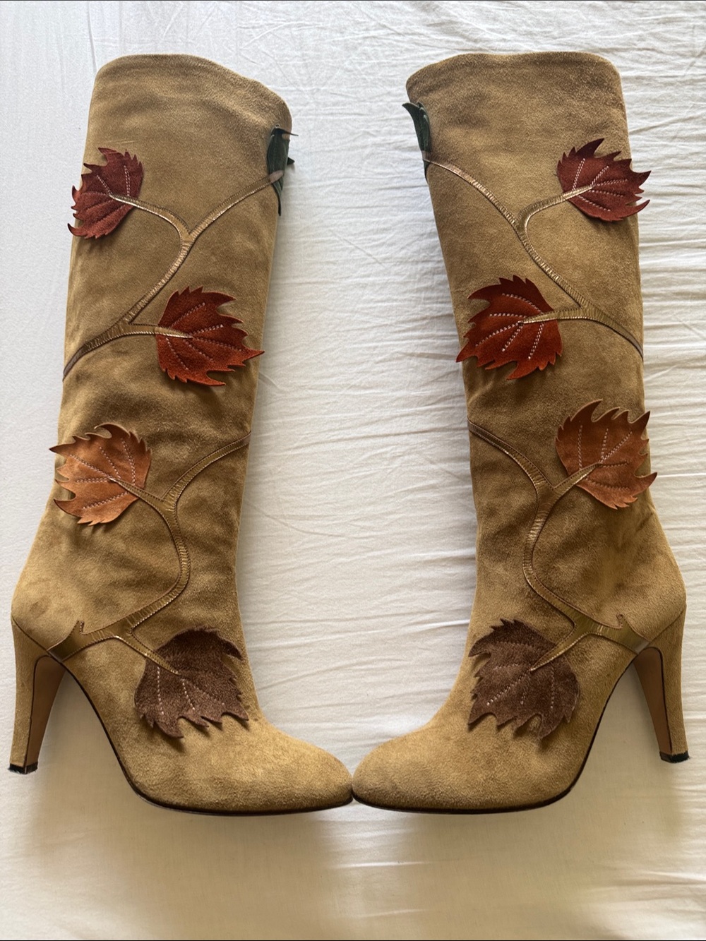 Paul Mayer Tan Suede Knee-High Boots with Autumn Leaf Appliqués vintage